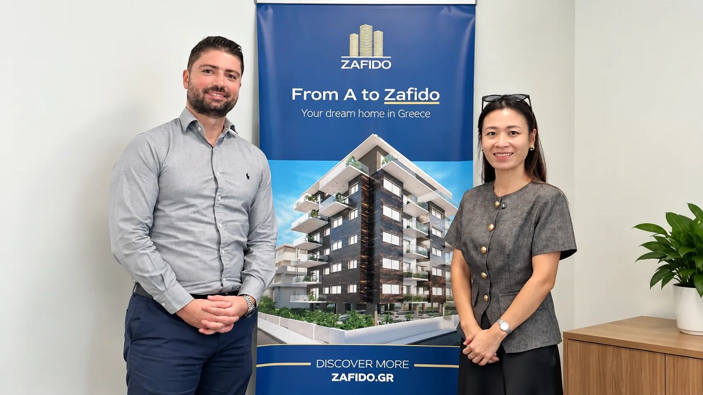Bella 与开发商 Zafido 的代表 Dimitris 先生交流，了解雅典公寓项目的实际施工进度。